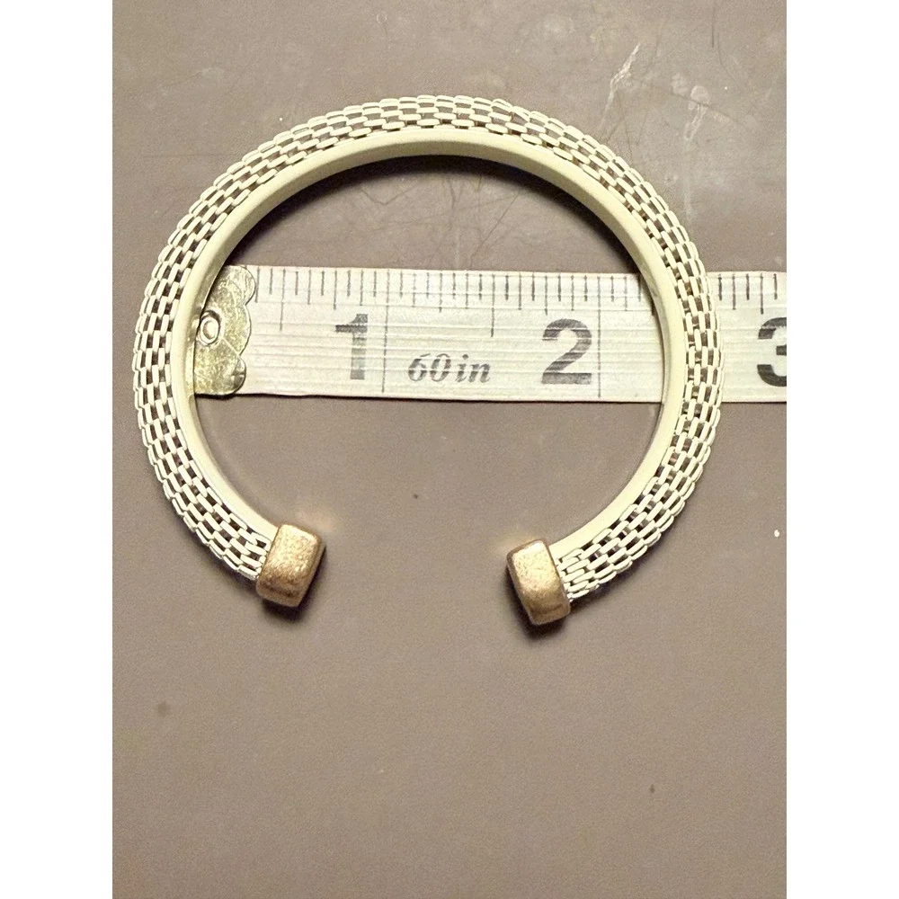 Cream Mesh‎ Gold Tone End Cap Open Cuff Bracelet Modernist Industrial Design